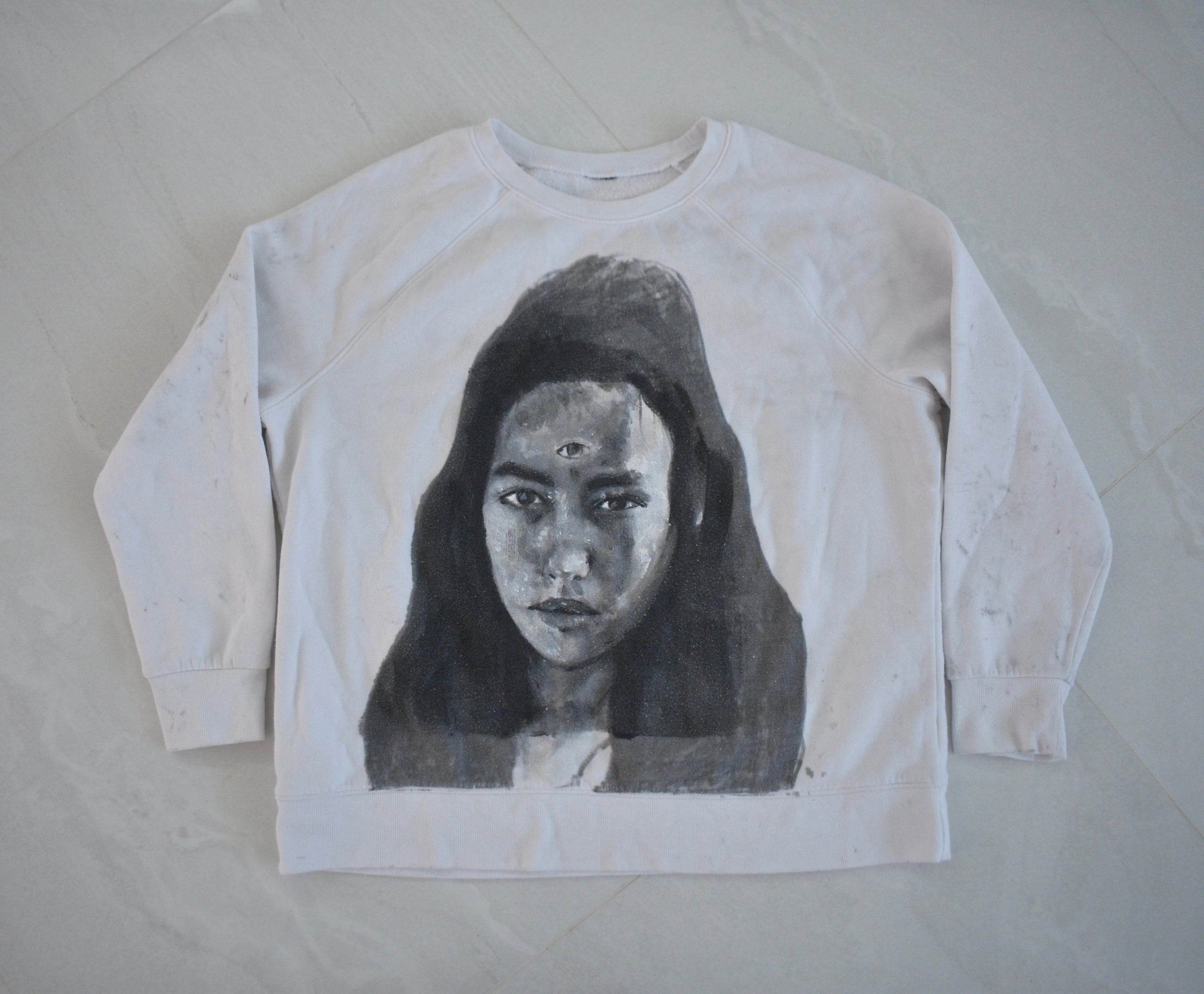 Third Eye Girl – White Crewneck (Black & White Portrait)