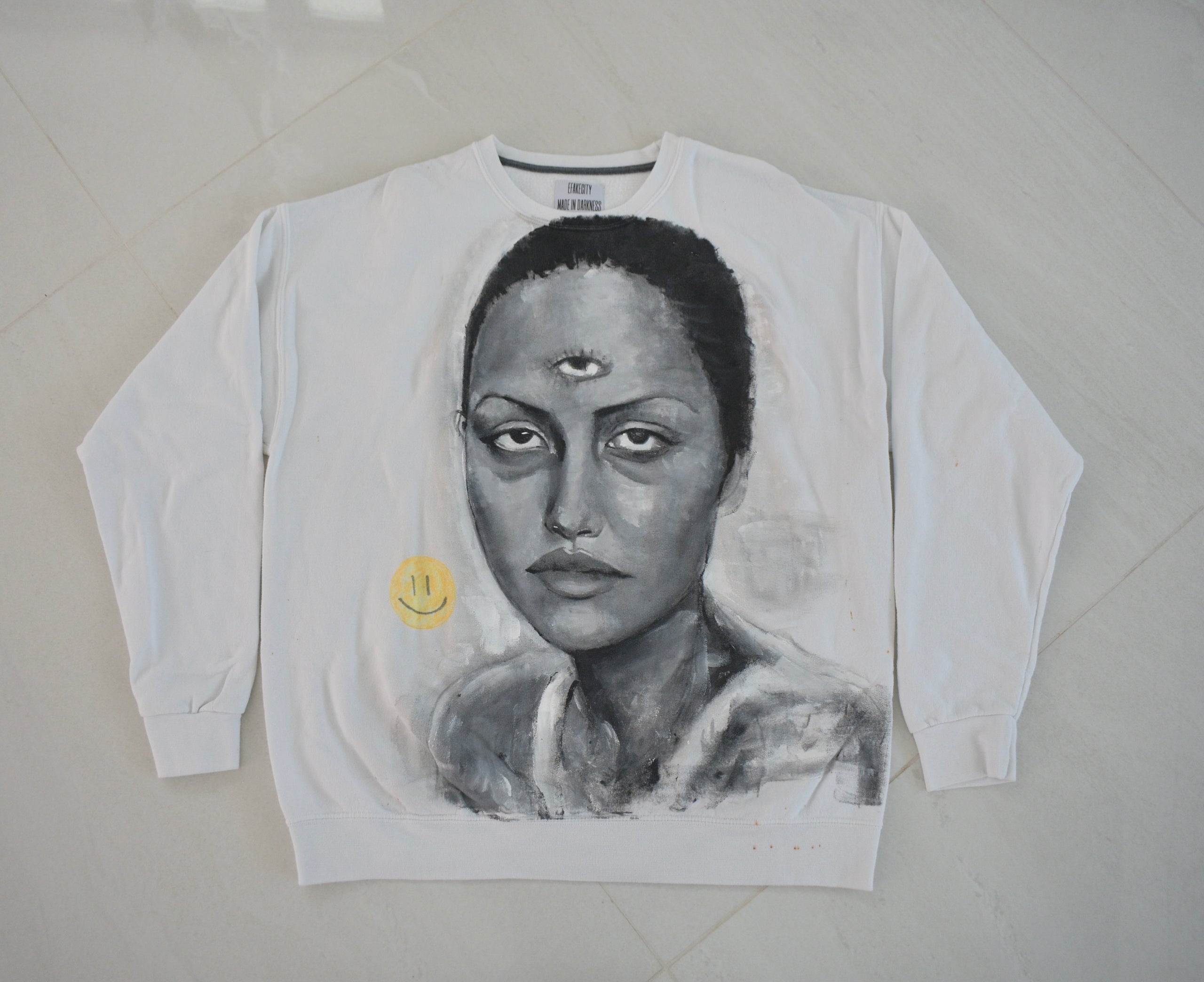 White Crewneck – Third Eye Woman + Yellow Smiley