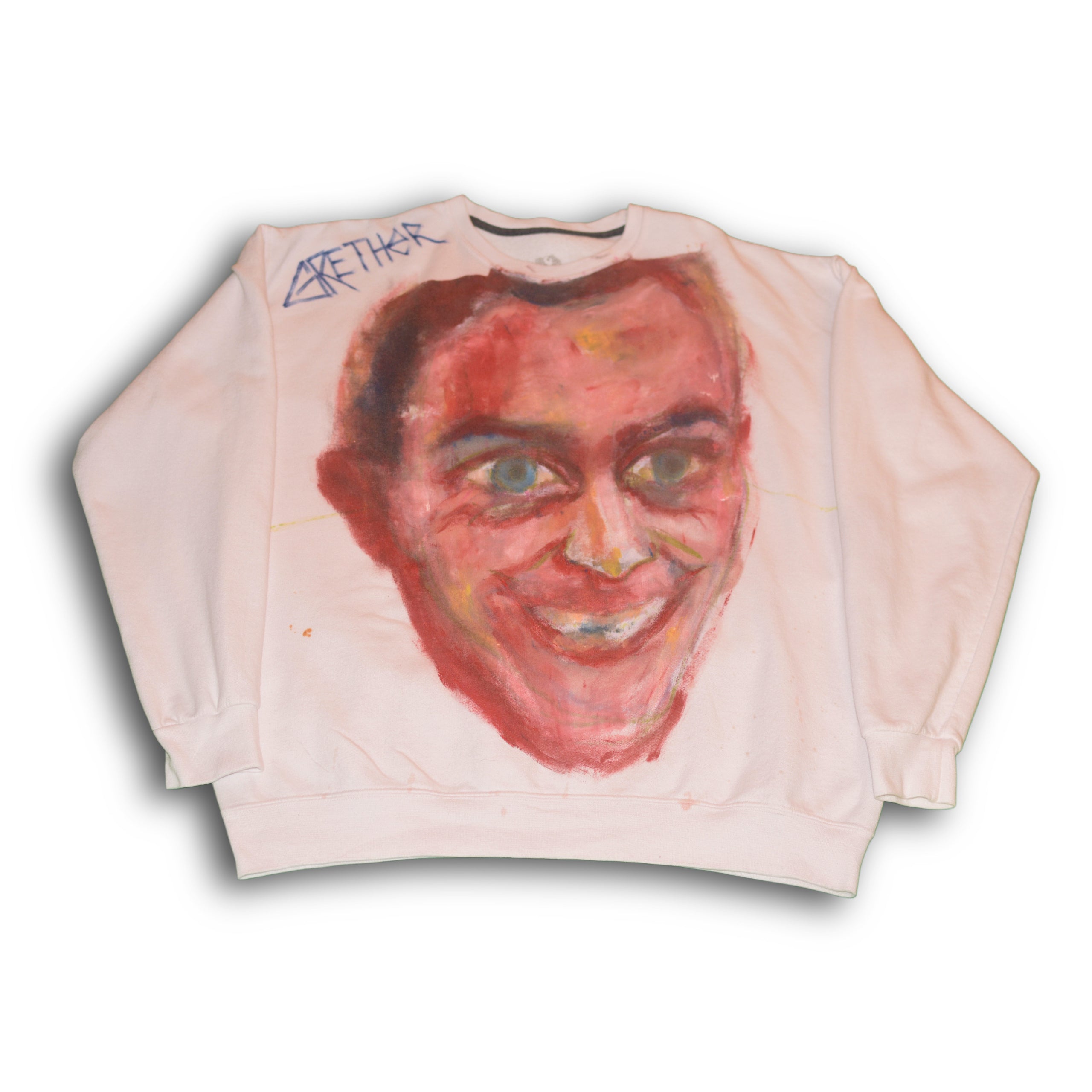 Distorted Red Smiling Man – White Crewneck